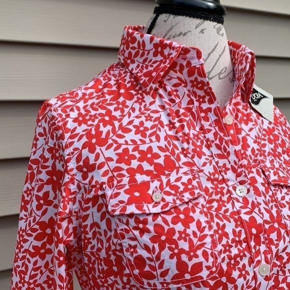 L.l. Bean Floral Print Cotton/Lycra Button Down Shirt - Red/White - Picture 5 of 13